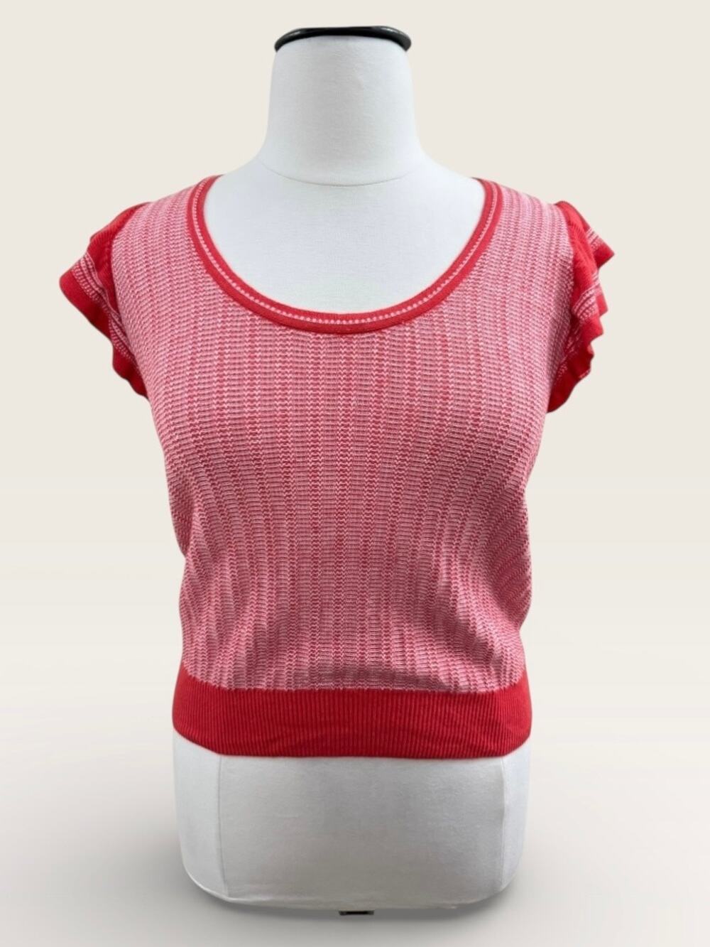 Old Navy Red & White Open Stitch and Flutter Sleeve Sweater, Size L